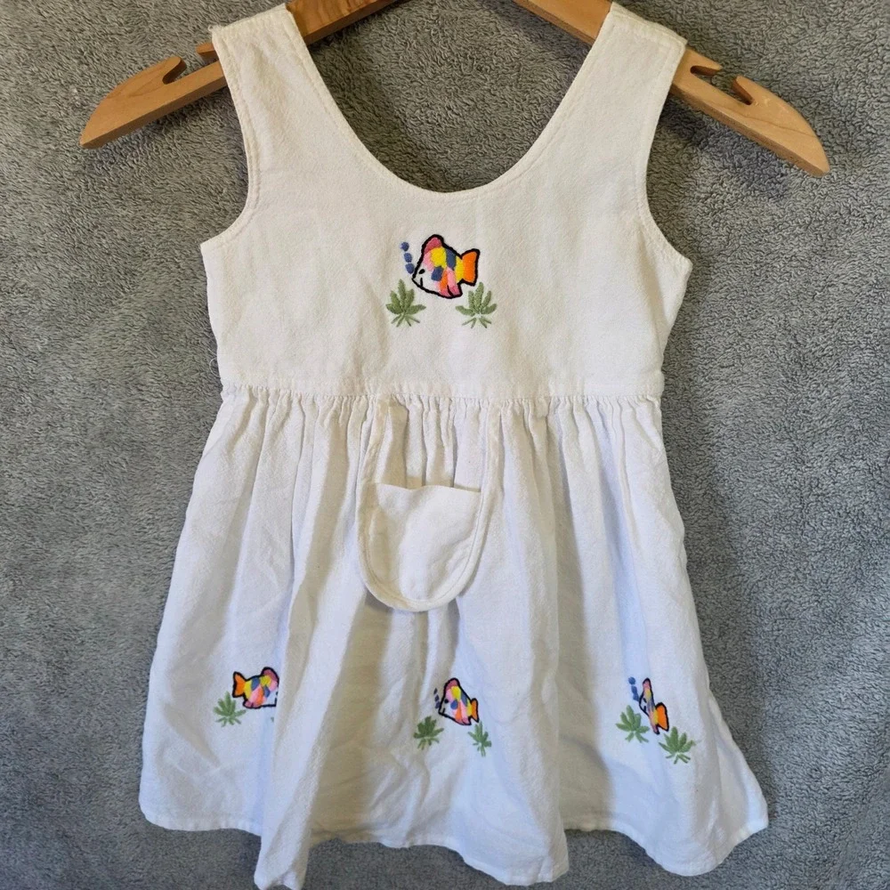 Natur Paradise Kids White Cotton Embroidered Fish Sundress Size Large Vintage